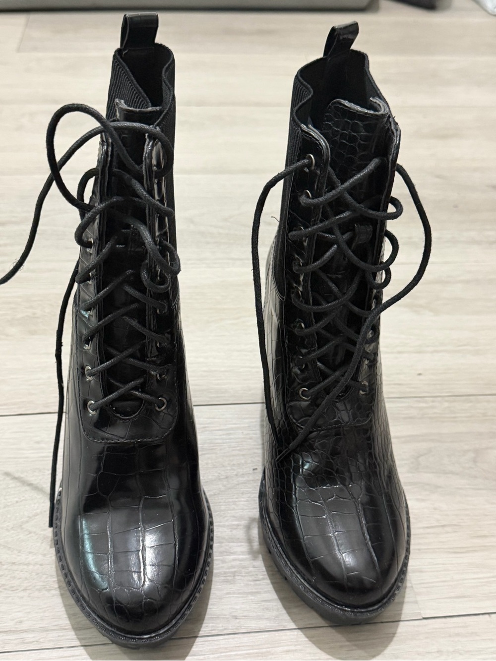 Fashion to Figure Black Croc-Embossed Lace-Up Women's Boots
